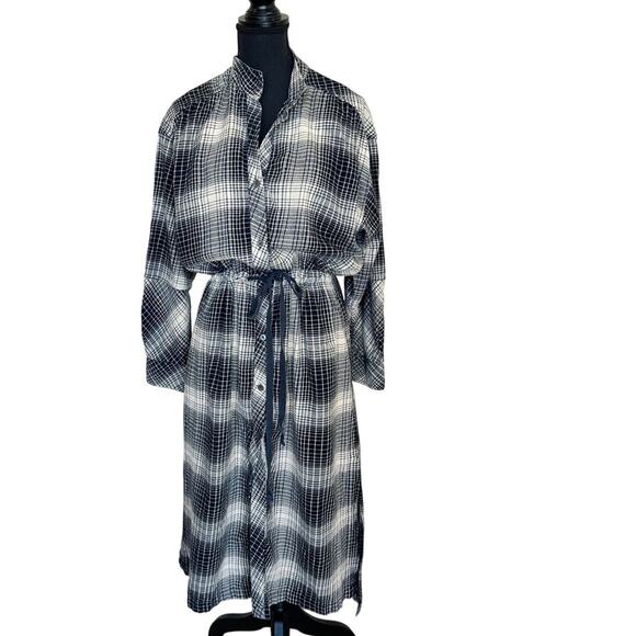 Joie Gray Plaid Blouson Shirt Dress MEDIUM Flannel Cotton Western Designer $300 - Picture 7 of 13